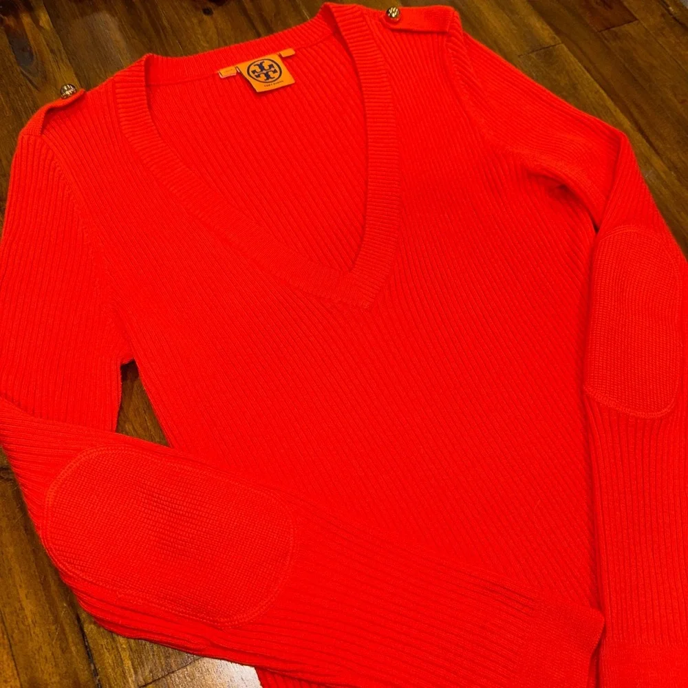 Tory Burch Orange Cashmere Ribbed V-Neck Sweater Elbow Patches Gold Button Large